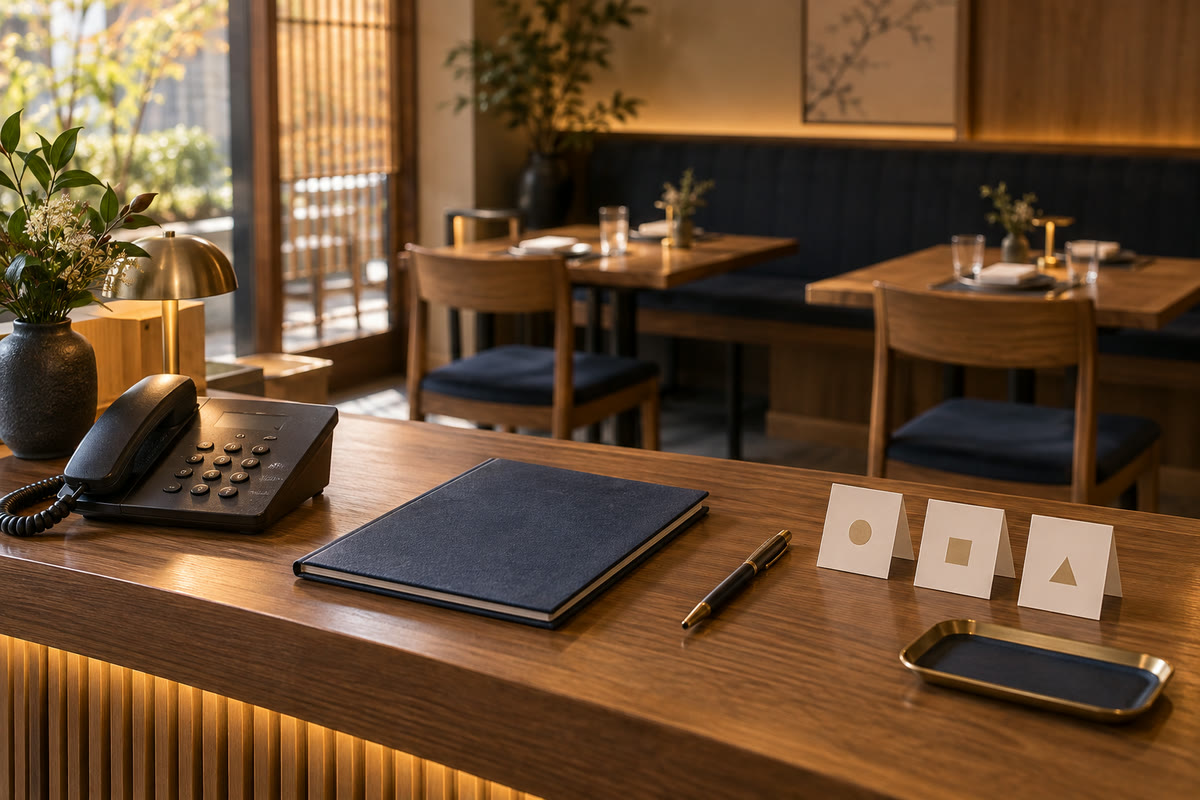 電話と紺色の予約帳、席を表すカードを置いた飲食店カウンターの生成イメージ