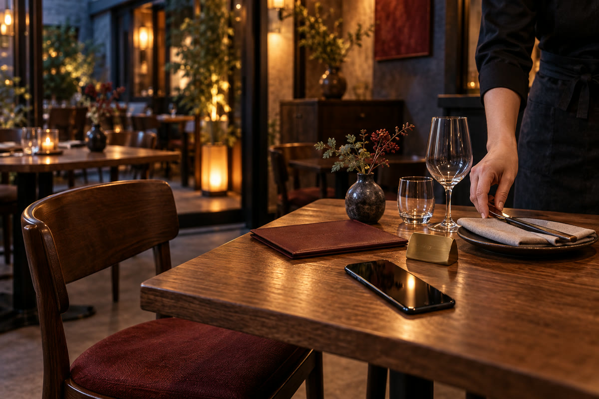 夕方の飲食店で、スタッフが空いたテーブルを整え、机の上に無地のメニューとスマートフォンが置かれた生成イメージ
