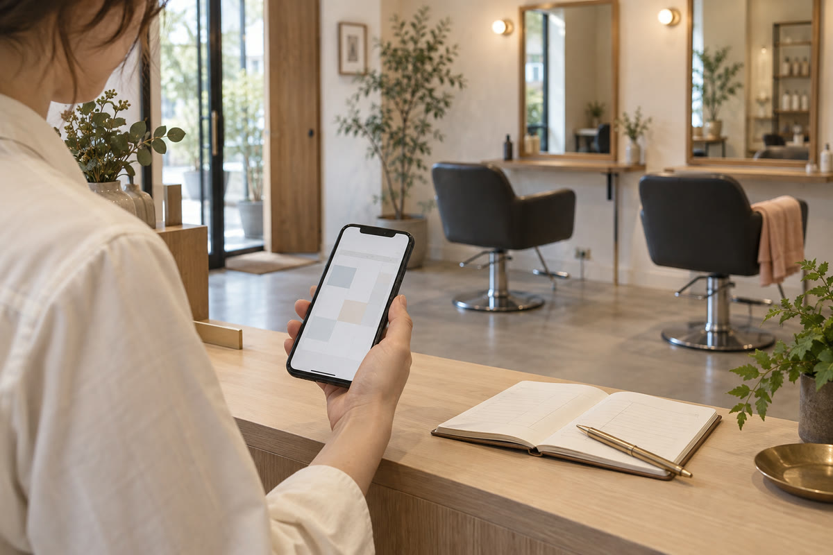 明るい美容室の受付カウンターで、人がスマートフォンの予定表を確かめ、手元に予約の記入帳とペンが置かれた生成イメージ